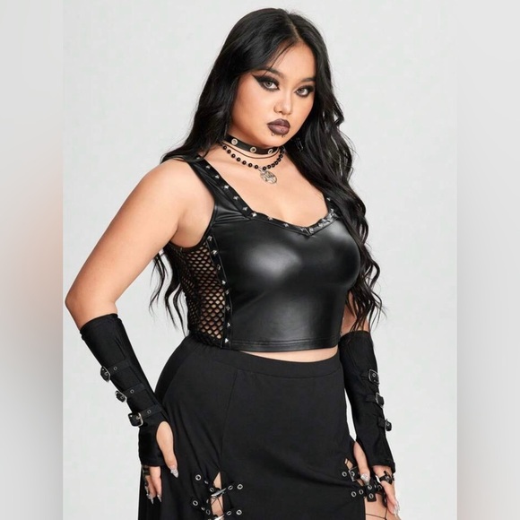 Black Faux Leather Studded Top - Picture 1 of 4